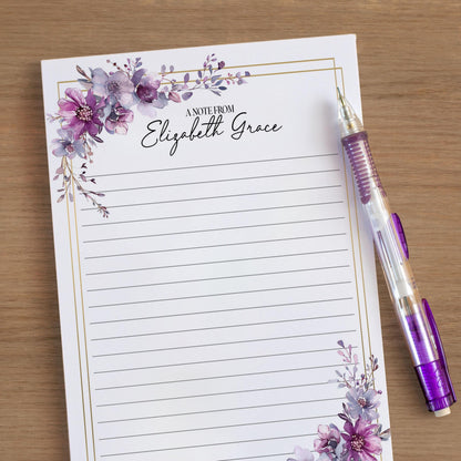 Personalized Notepad – Custom Floral Notepad With Purple Floral Design & Hard Cardboard Backing
