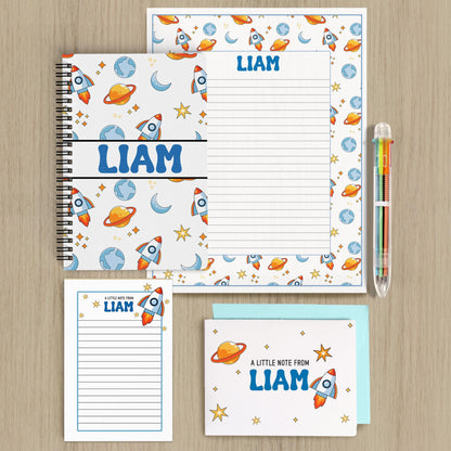 Boys Stationery Set - Personalized Notepad & Rocket Ship Notebook with Envelopes
