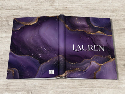 Personalized Hardcover Journal - Custom Name Purple Marbled Notebook Gift for Mothers Day