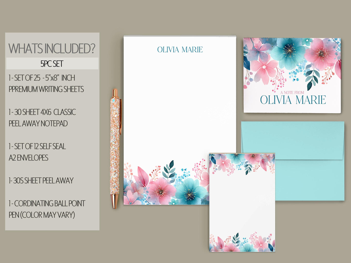 Personalized Stationery Set - Rainbow Wildflowers Letter Writing Sets with Pen & Envelopes