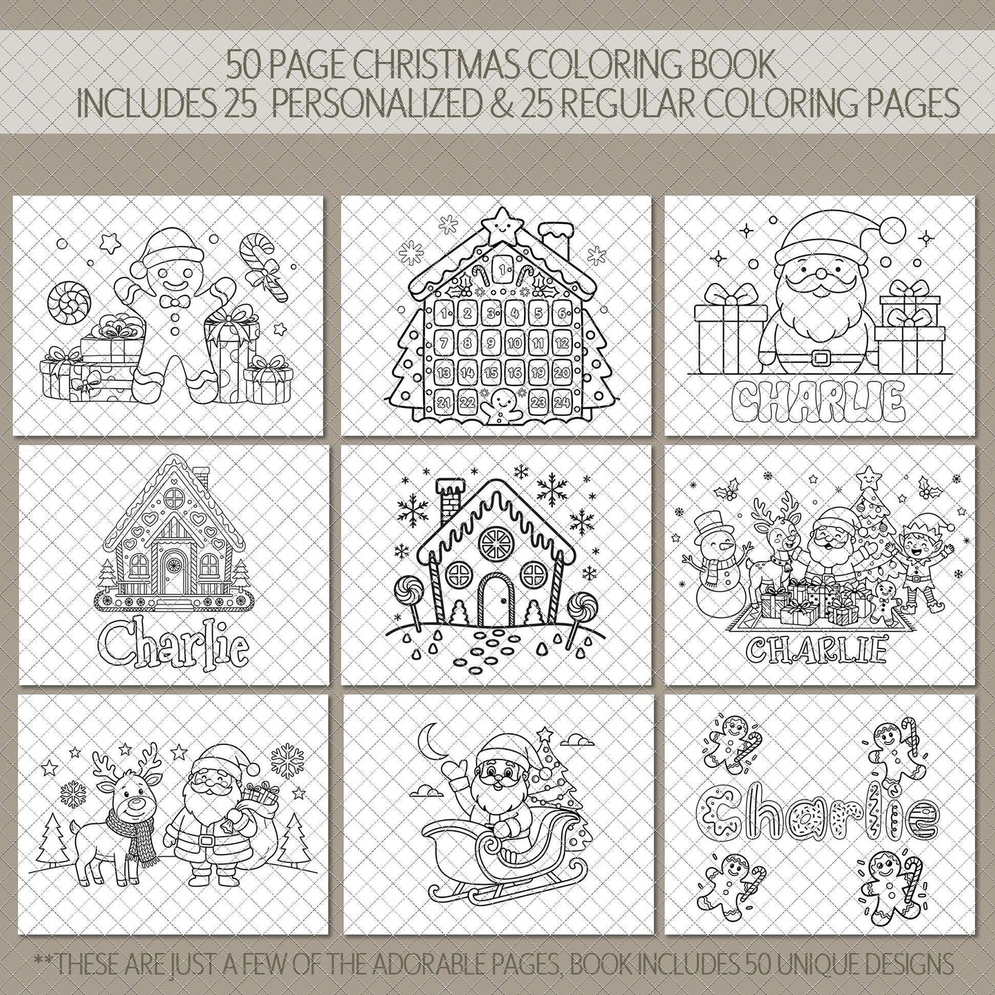 Personalized Christmas Coloring Book 50 Pages, Spiral 11x8.5 Gift