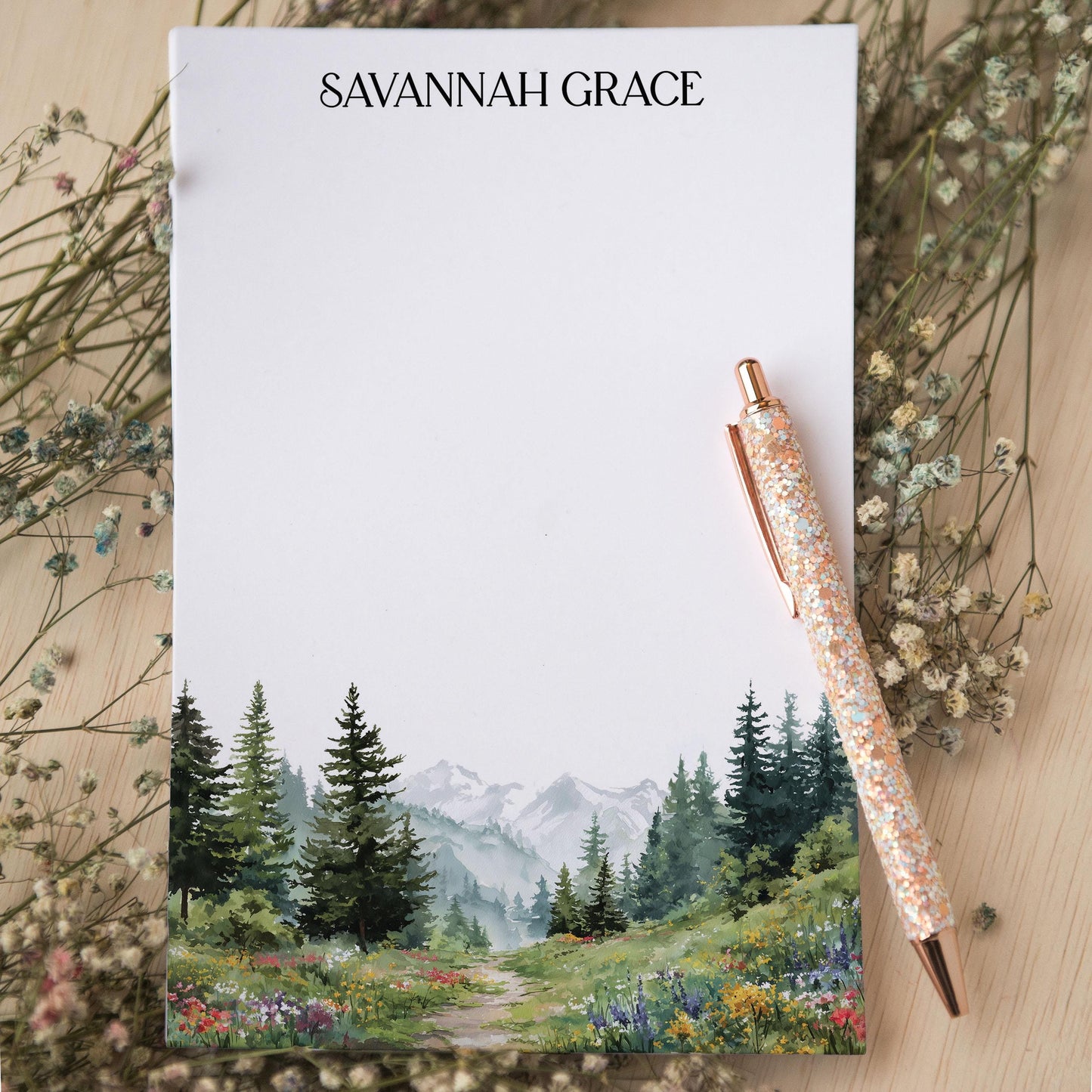Personalized Notepad – Custom Forest Nature Notepads With Wildflower Hiking Design
