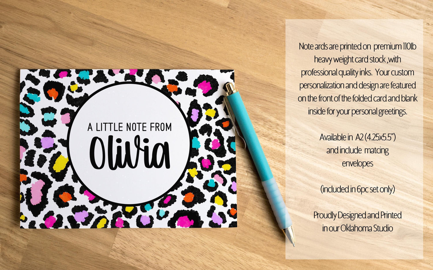 Personalized Stationery Set - Kids Letter Writing Paper & Rainbow Cheetah Notebook