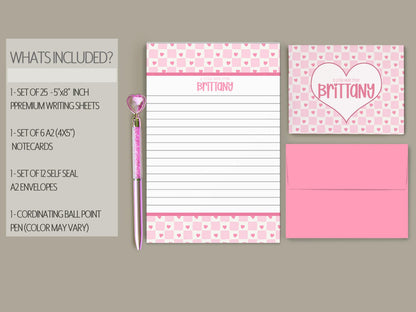 Personalized Stationery Set - Heart Checkered Letter Writing Gift Set with Glitter Pen