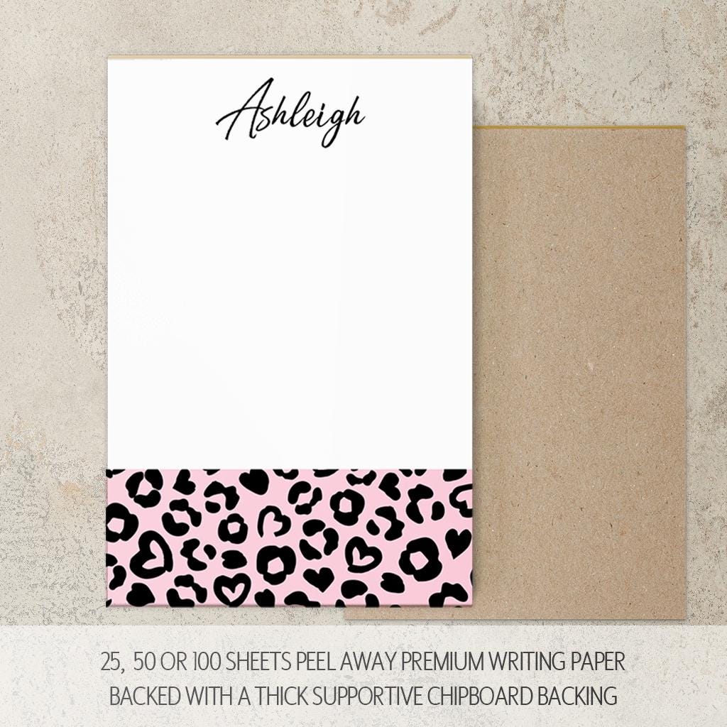 Personalized Leopard Notepad - Custom Pink Notepad with Hard Backing, Easy Tear Away Pages