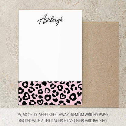 Personalized Leopard Notepad - Custom Pink Notepad with Hard Backing, Easy Tear Away Pages