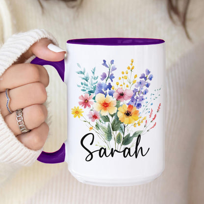 Personalized Flower Mug - Custom Rainbow Wildflower Ceramic Coffee Cup, Gift for Best Friend
