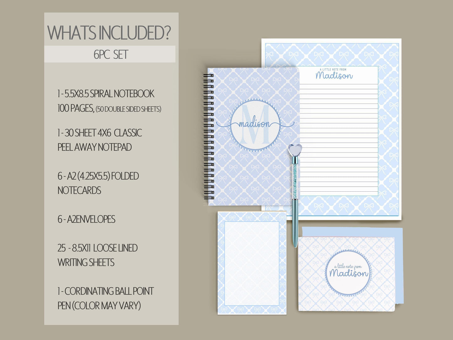 Personalized Stationery Set - Letter Writing Set with Blue Coquette Bow & Notecards