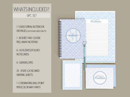 Personalized Stationery Set - Letter Writing Set with Blue Coquette Bow & Notecards