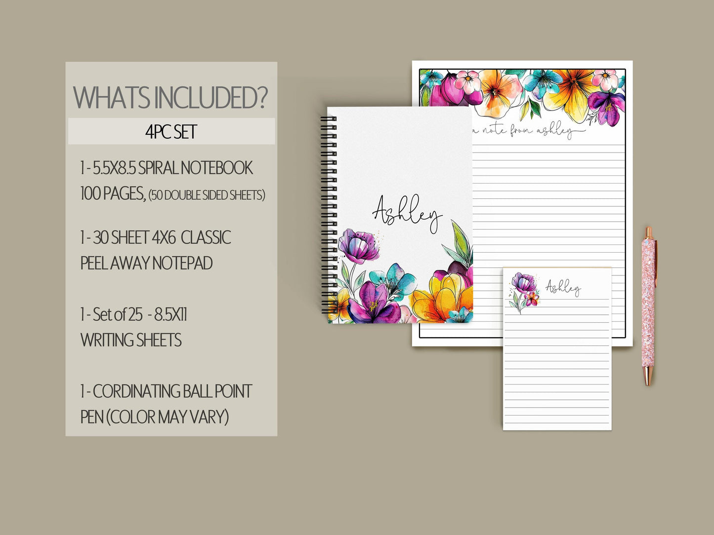 Personalized Stationery Set - Floral Notepad Set With Spiral Notebook & Writing Paper Envelopes