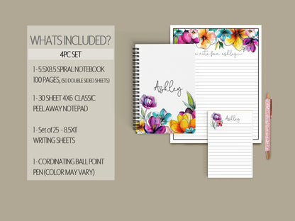 Personalized Stationery Set - Floral Notepad Set With Spiral Notebook & Writing Paper Envelopes
