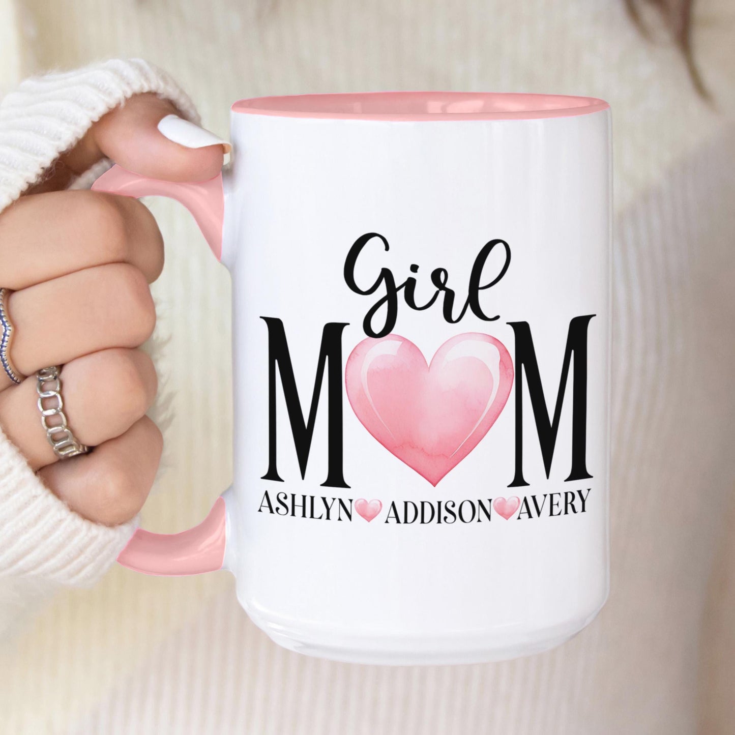 Personalized Girl Mom Mug – Custom Name Ceramic Coffee Cup with Pink Heart Gift for Mom