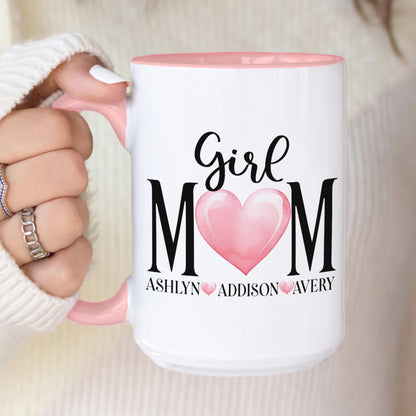 Personalized Girl Mom Mug – Custom Name Ceramic Coffee Cup with Pink Heart Gift for Mom
