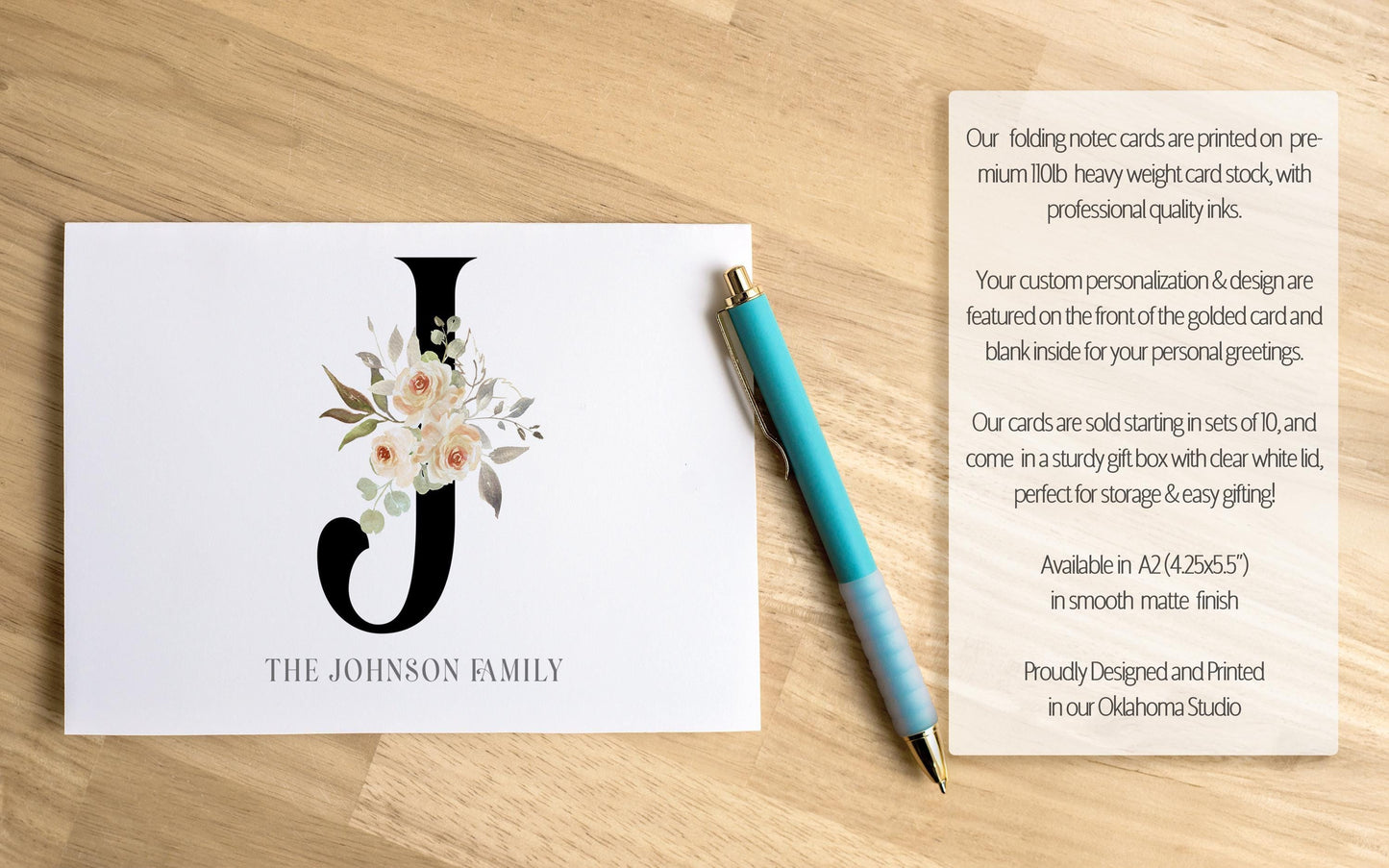 Personalized Monogram Note Cards - Custom Flower Notecards & Folded Thank You Cards Set