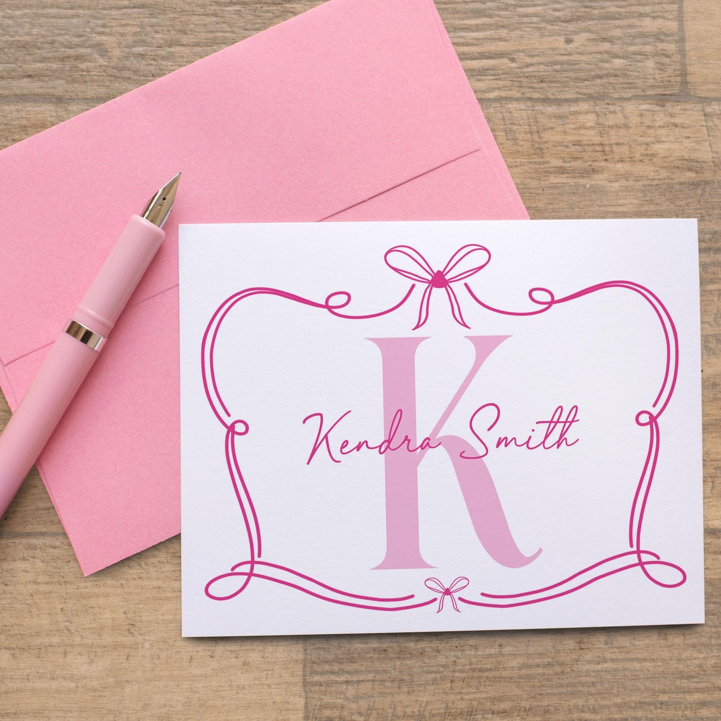 Personalized Monogram Note Cards – Custom Folded Cards with Hand Drawn Bow Design & Self Seal Envelopes