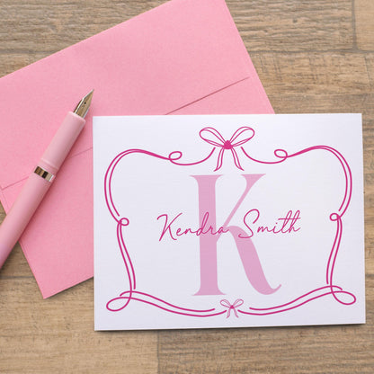 Personalized Monogram Note Cards – Custom Folded Cards with Hand Drawn Bow Design & Self Seal Envelopes