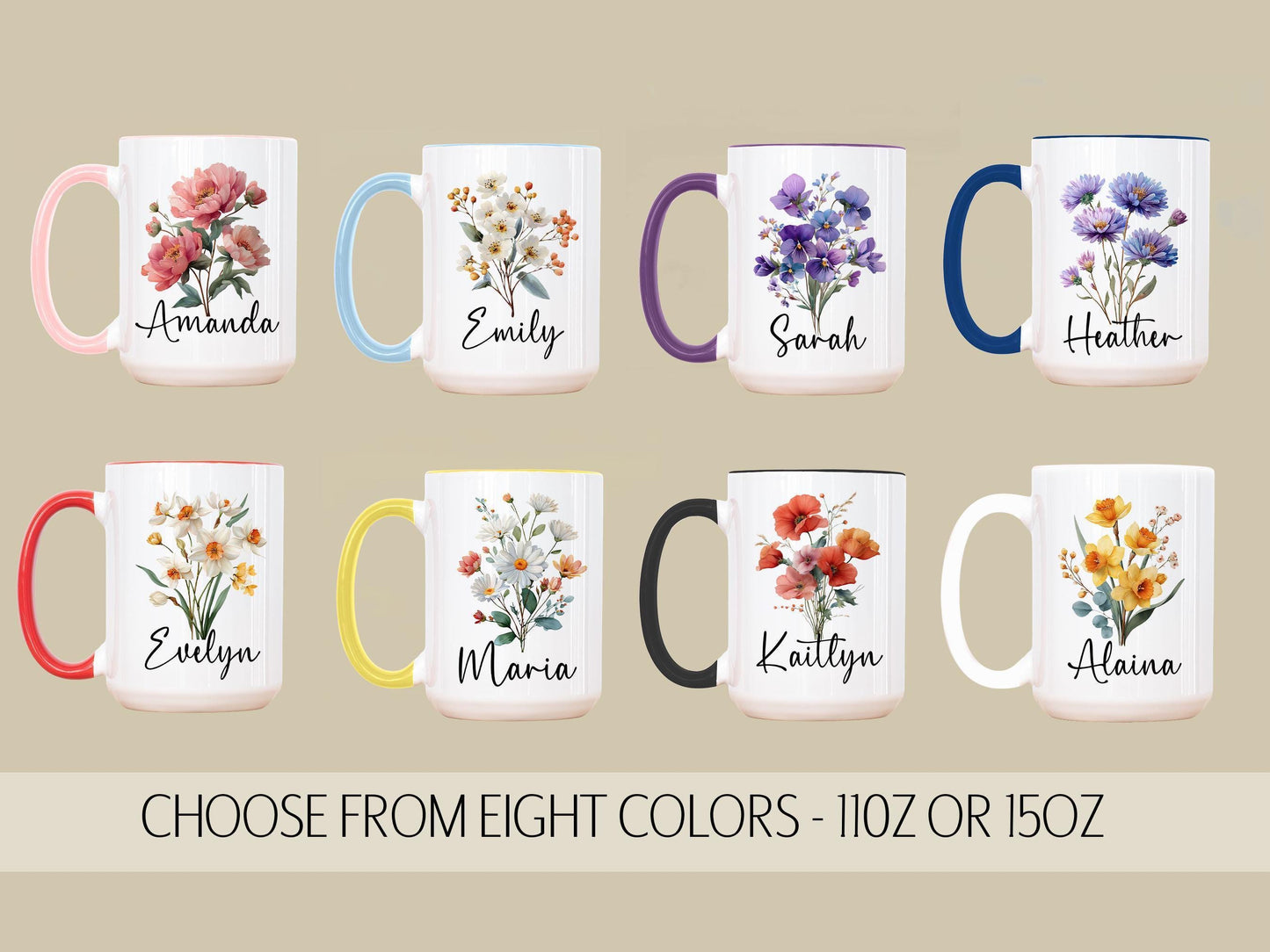 Custom Birth Flower Mug - Personalized Monogram Name Coffee Cup | Ceramic, Microwave Safe