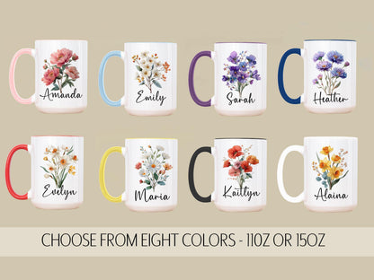Custom Birth Flower Mug - Personalized Monogram Name Coffee Cup | Ceramic, Microwave Safe