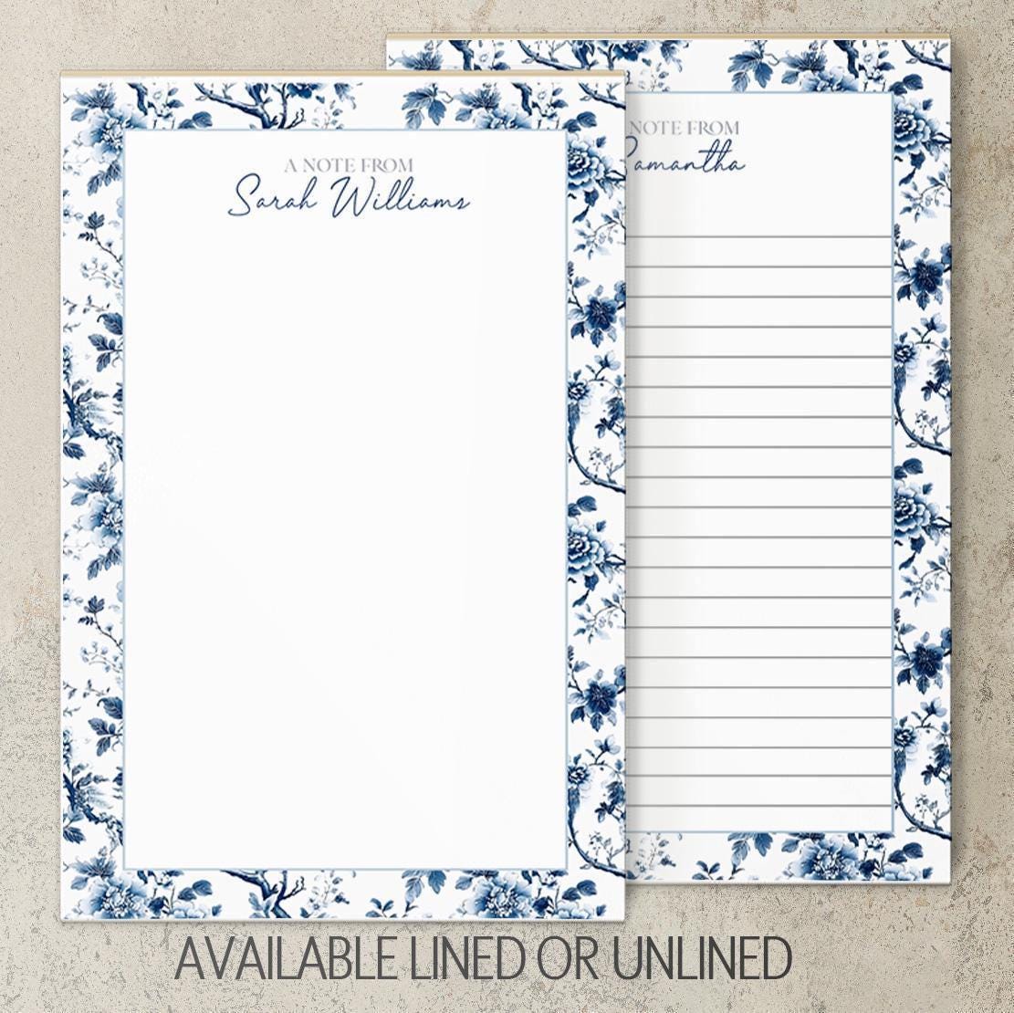 Personalized Notepad - Custom Name Notepads with Blue White Stationery & Floral Chinoiserie Design