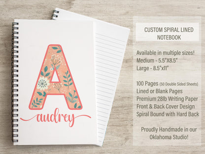 Personalized Womens Notebook - Custom Monogram Journal With Coral Teal Floral Design