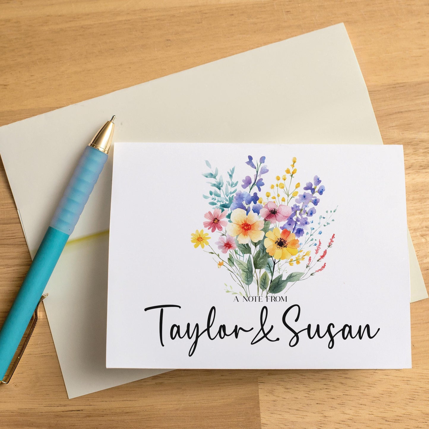 Personalized Note Cards – Custom Name Notecards with Wildflower Floral Folded Greeting Cards