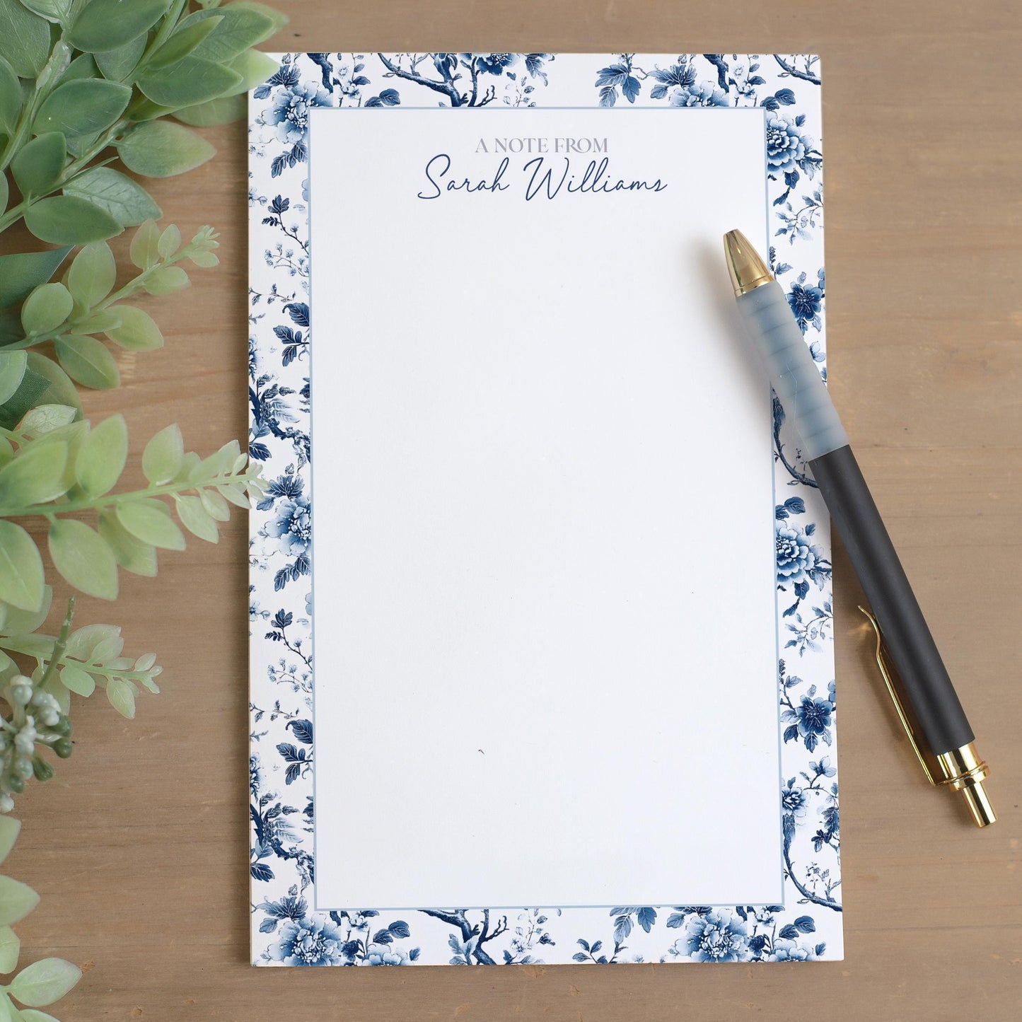 Personalized Notepad - Custom Name Notepads with Blue White Stationery & Floral Chinoiserie Design
