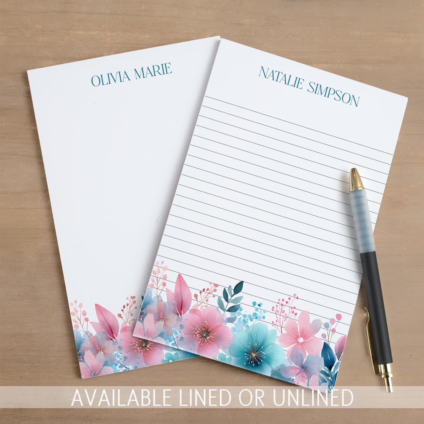 Personalized Flower Notepad – Custom Name Notepads with Pink Blue Flowers, Floral Note Pad