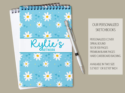 Girls Personalized Sketchbook - Custom Art Book with Blue Daisy Cover | Kids Drawing Pad