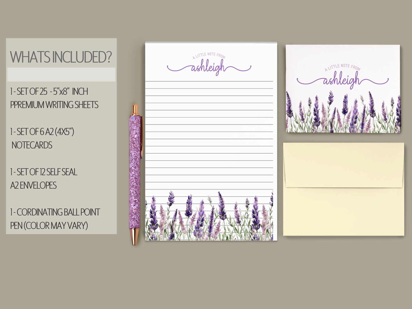 Personalized Stationery Set – Lavender Wildflowers Design | Premium Letter Paper & Envelopes