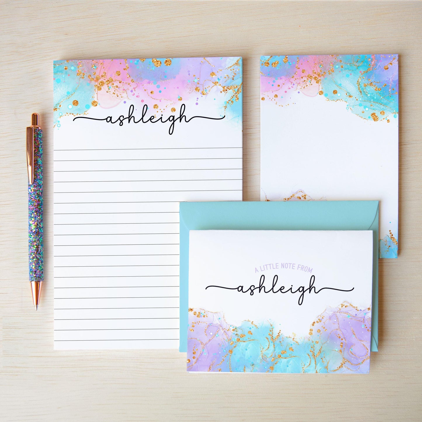 Personalized Stationery Set - Girls Watercolor Letter Writing Sets with Pen & Envelopes