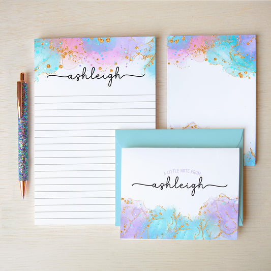 Personalized Stationery Set - Girls Watercolor Letter Writing Sets with Pen & Envelopes