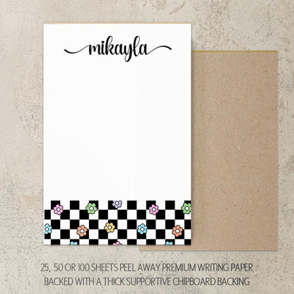 Personalized Girls Notepad - Custom Flower Checkers Notepad with Peel Away Pages