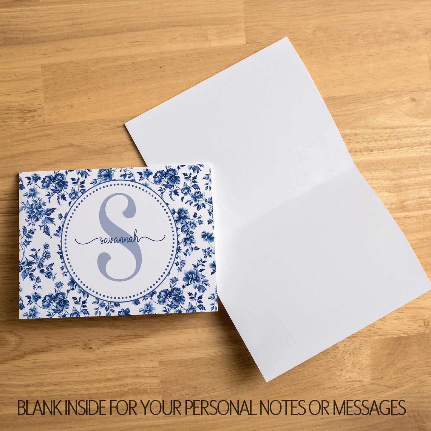 Personalized Note Cards – Custom Folded Notecards Set with Blue White Toile Stationery