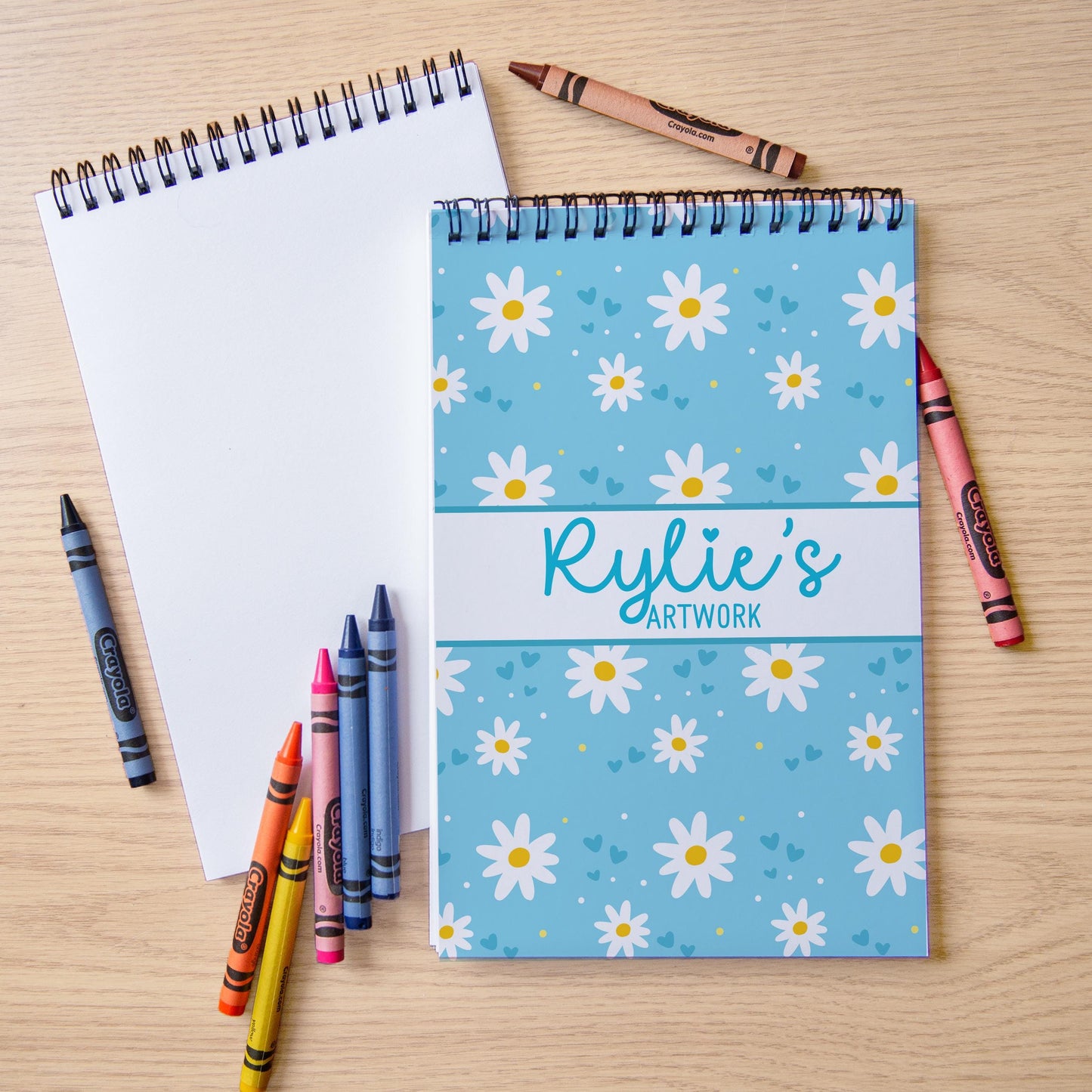 Girls Personalized Sketchbook - Custom Art Book with Blue Daisy Cover | Kids Drawing Pad