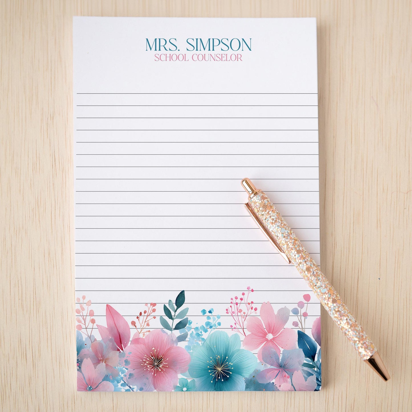 Personalized Flower Notepad – Custom Name Notepads with Pink Blue Flowers, Floral Note Pad