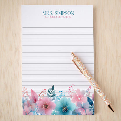 Personalized Flower Notepad – Custom Name Notepads with Pink Blue Flowers, Floral Note Pad