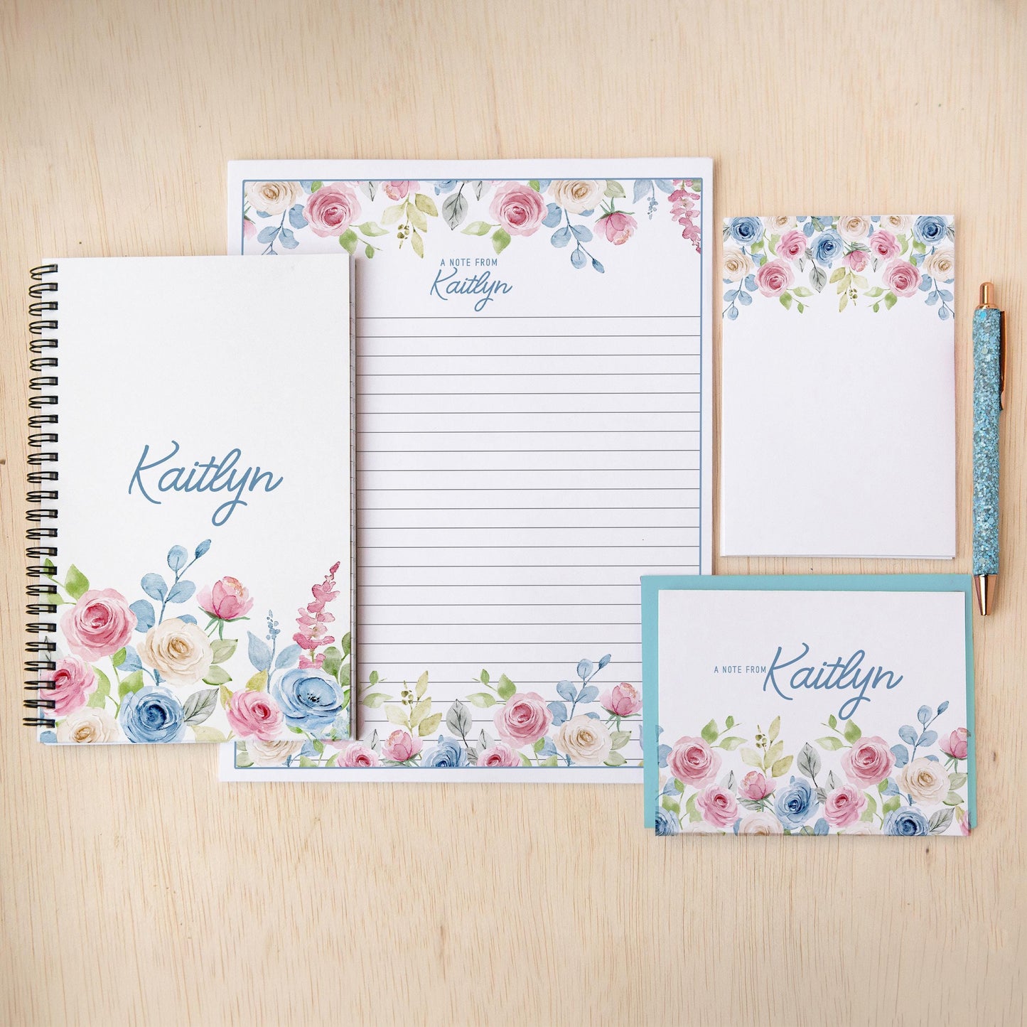 Personalized Stationery Set - Floral Writing Paper, Notebook & Notecard Pen Gift