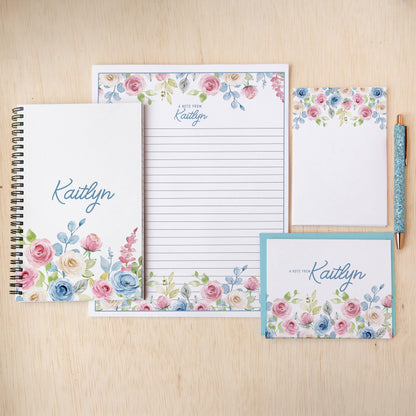 Personalized Stationery Set - Floral Writing Paper, Notebook & Notecard Pen Gift