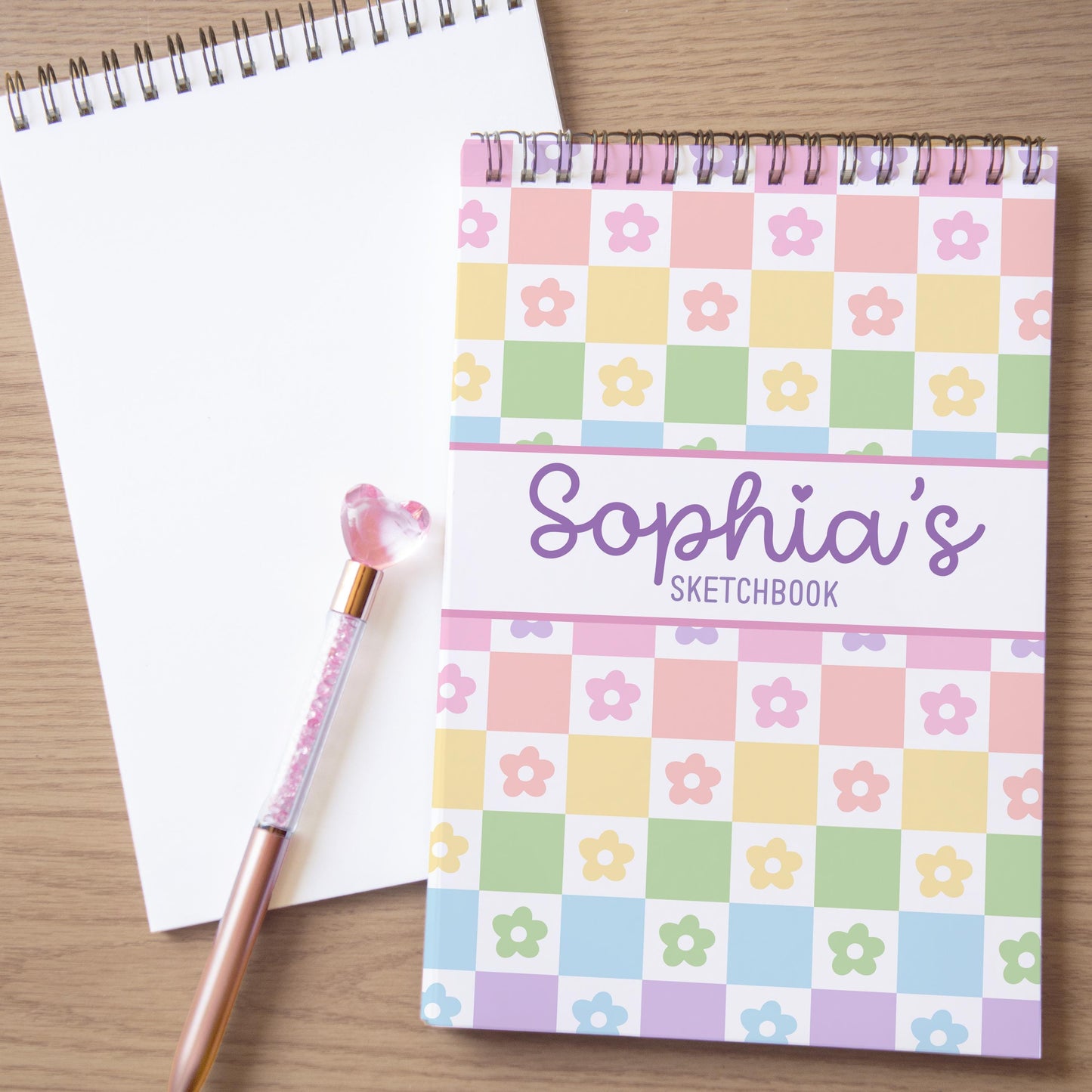 Girls Personalized Sketchbook - Custom Kids Drawing Pad With Rainbow Checkers Cover