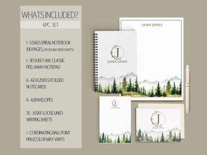 Personalized Stationery Set - Mountain Forest Stationery Gift Box with Notebook & Envelopes