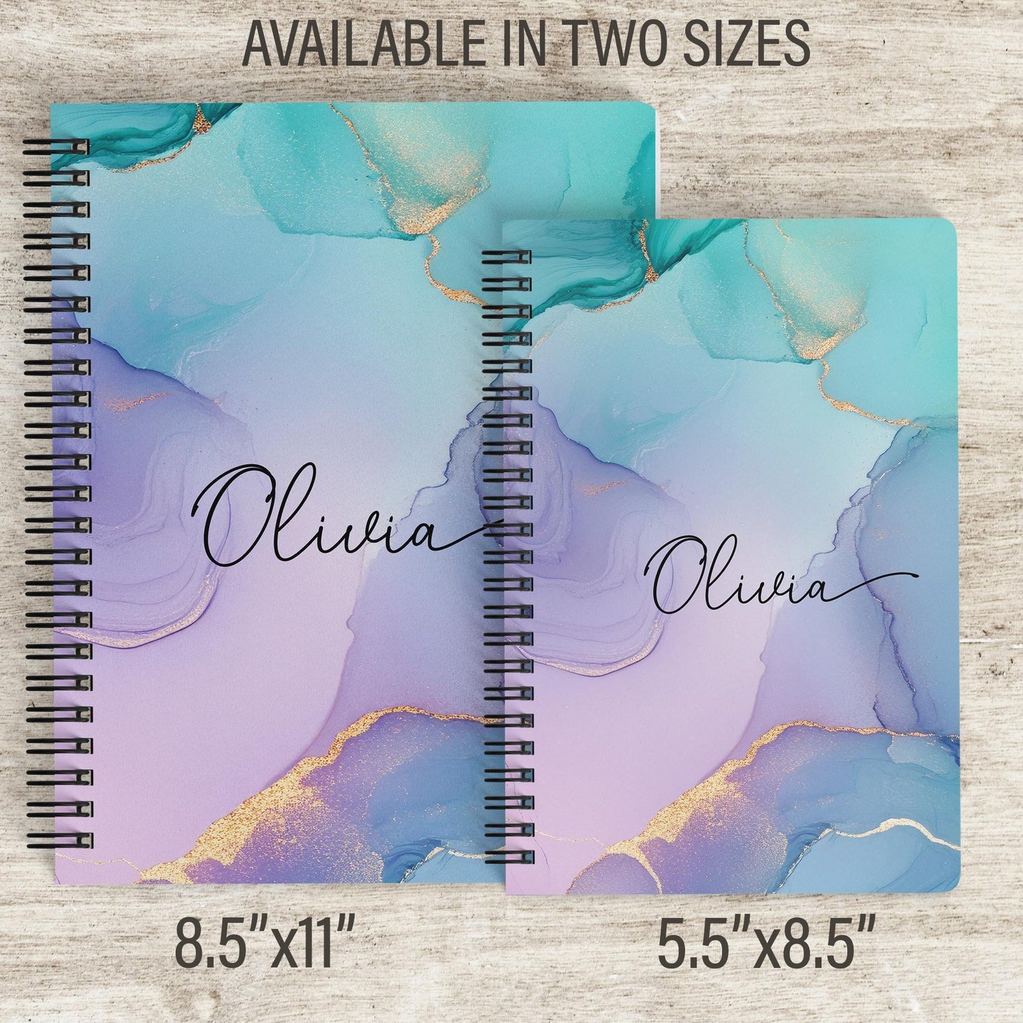 Personalized Notebook - Custom Name Marble Teal Journal | Spiral Bound, Lined & Blank Pages