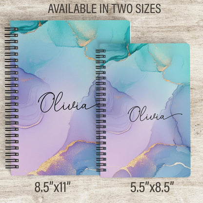 Personalized Notebook - Custom Name Marble Teal Journal | Spiral Bound, Lined & Blank Pages