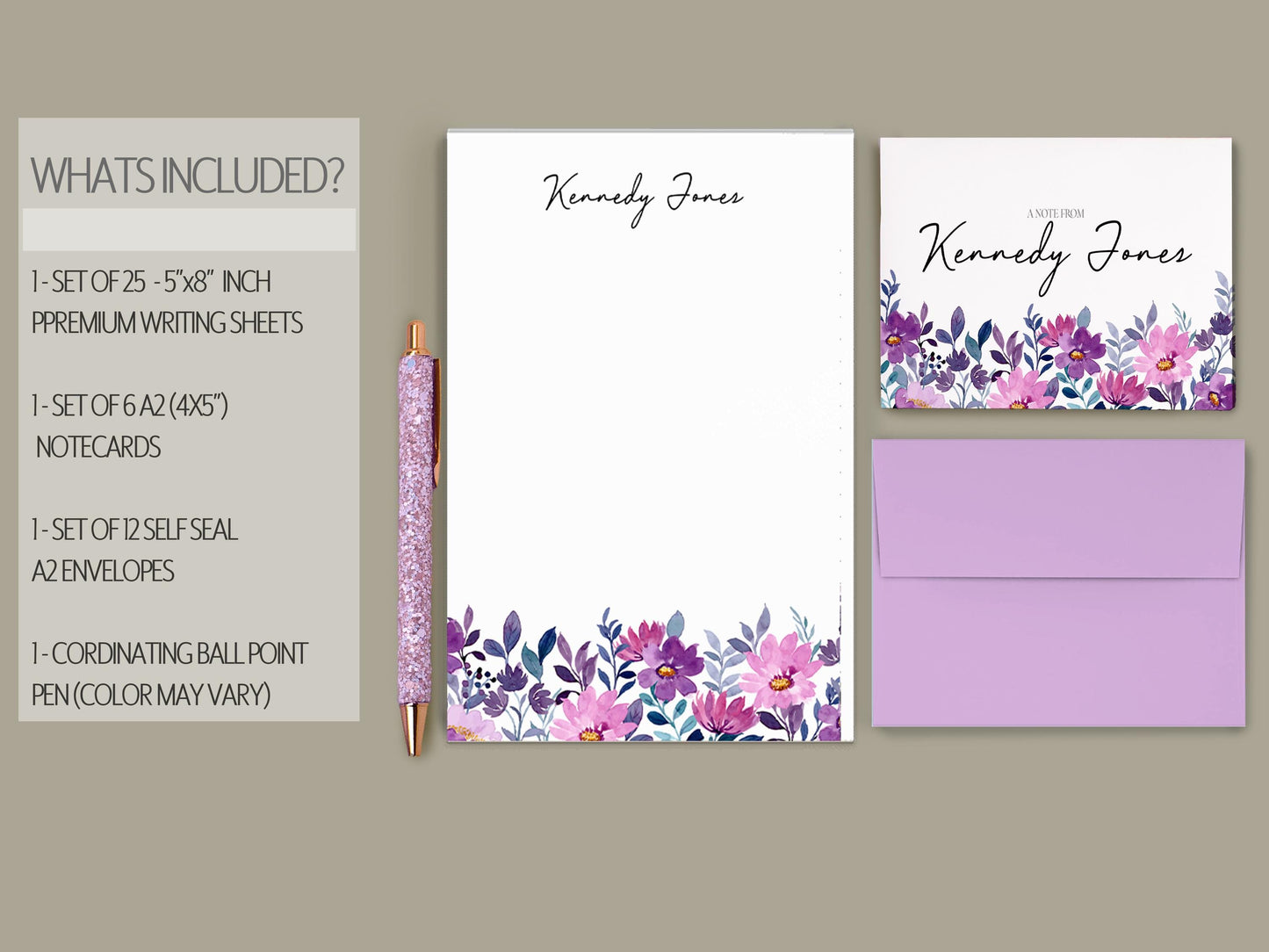 Personalized Stationery Set – Floral Writing Paper Envelopes & Notecards with Pen Gift