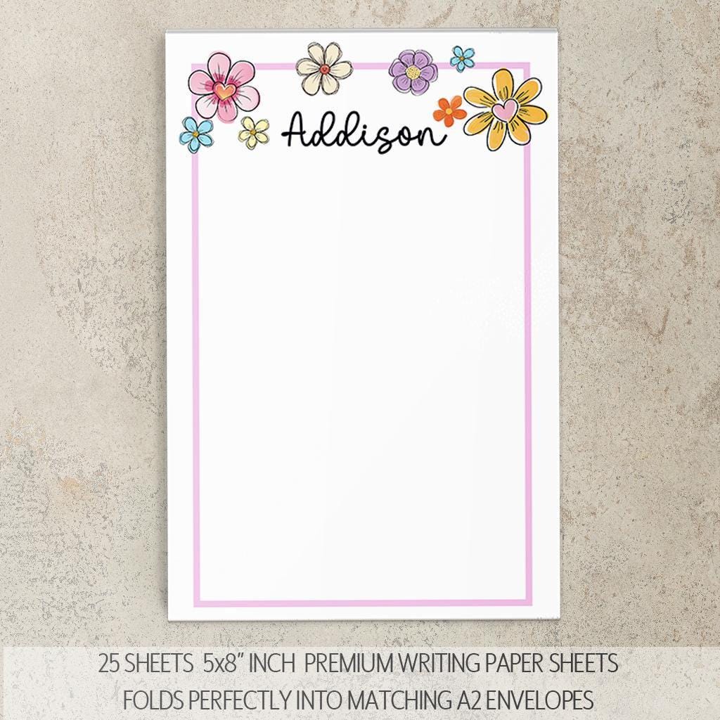 Personalized Stationery Set - Premium Letter Writing Set with Colorful Flower Print Notepad & Self Seal Envelopes