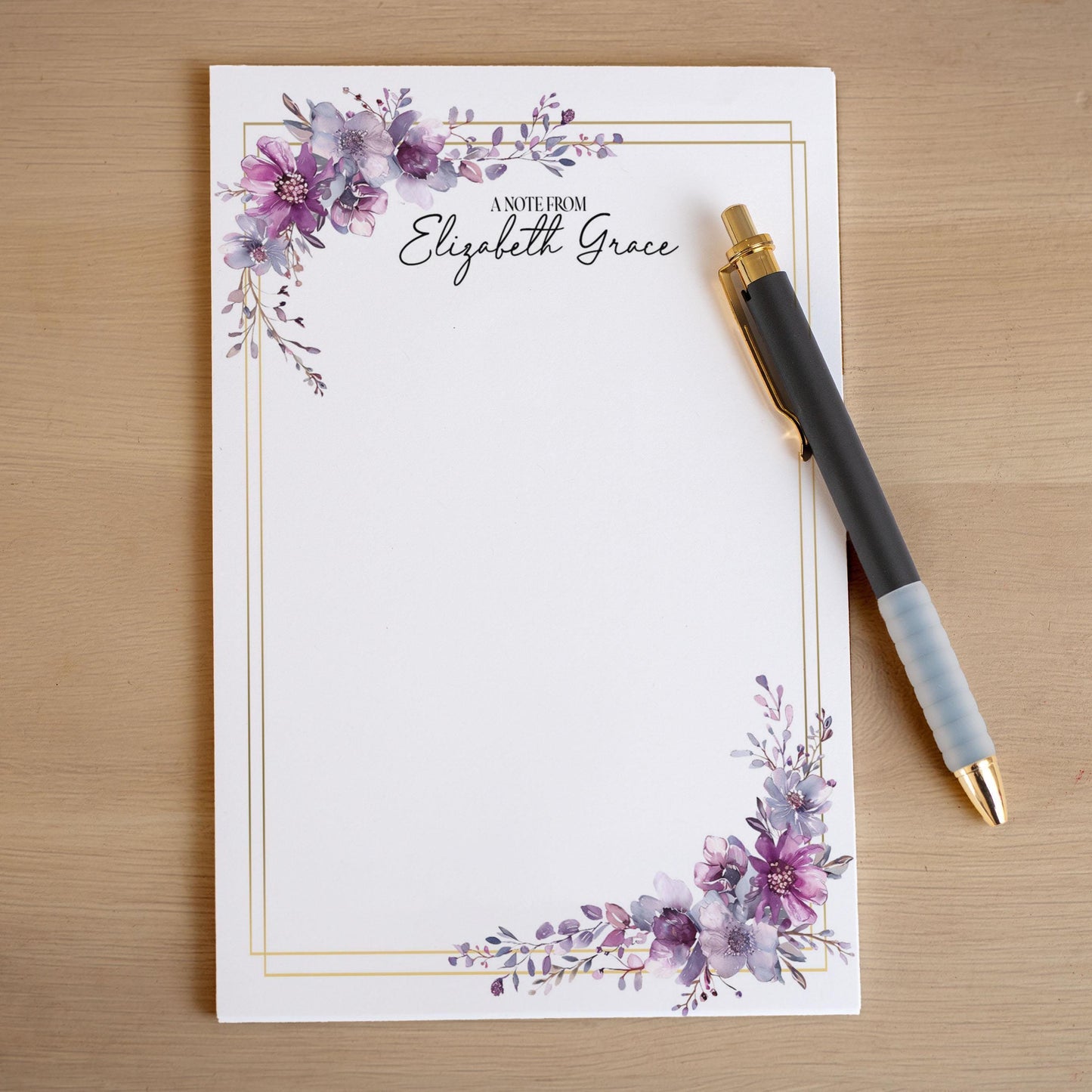 Personalized Notepad – Custom Floral Notepad With Purple Floral Design & Hard Cardboard Backing