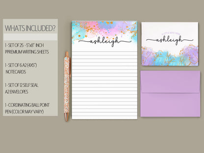 Personalized Stationery Set - Girls Watercolor Letter Writing Sets with Pen & Envelopes