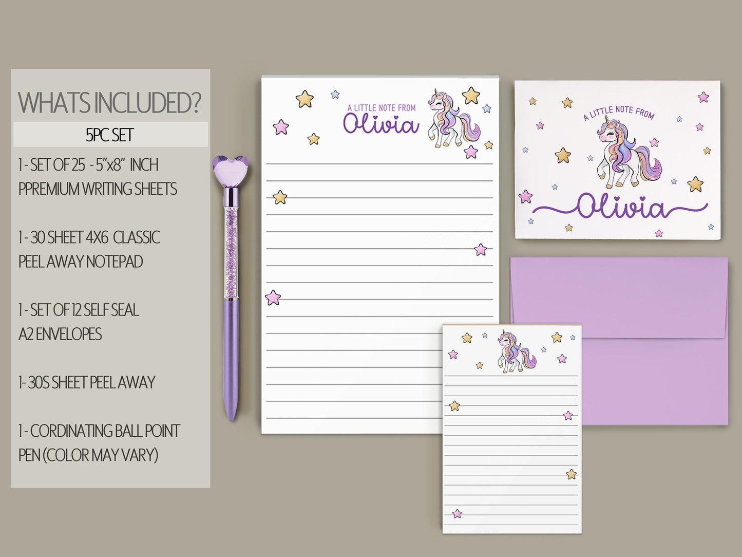 Personalized Stationery Set – Girls Unicorn Letter Writing Sets with Pink Purple Notepad & Envelopes