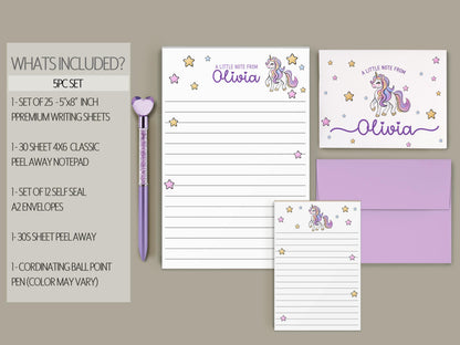 Personalized Stationery Set – Girls Unicorn Letter Writing Sets with Pink Purple Notepad & Envelopes