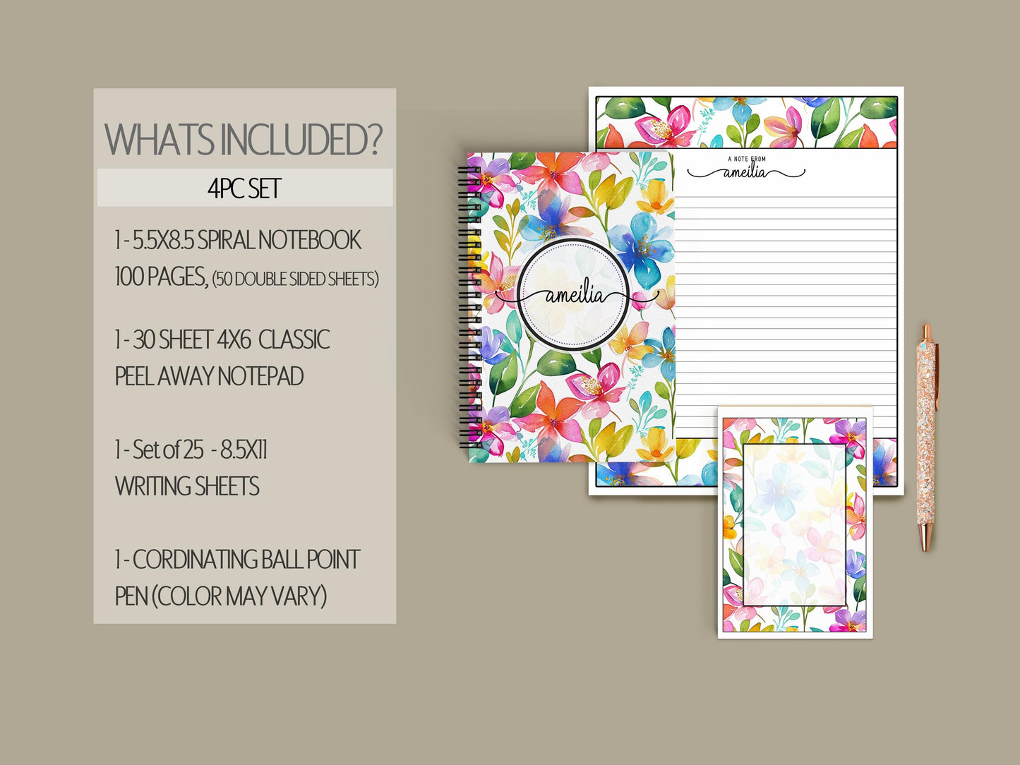 Personalized Stationery Set - Wildflower Letter Writing Sets with Floral Notebook & Pen