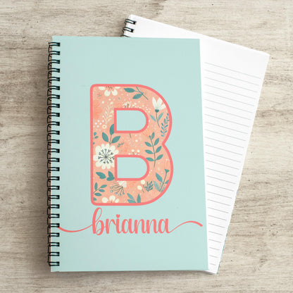 Personalized Womens Notebook - Custom Monogram Journal With Coral Teal Floral Design